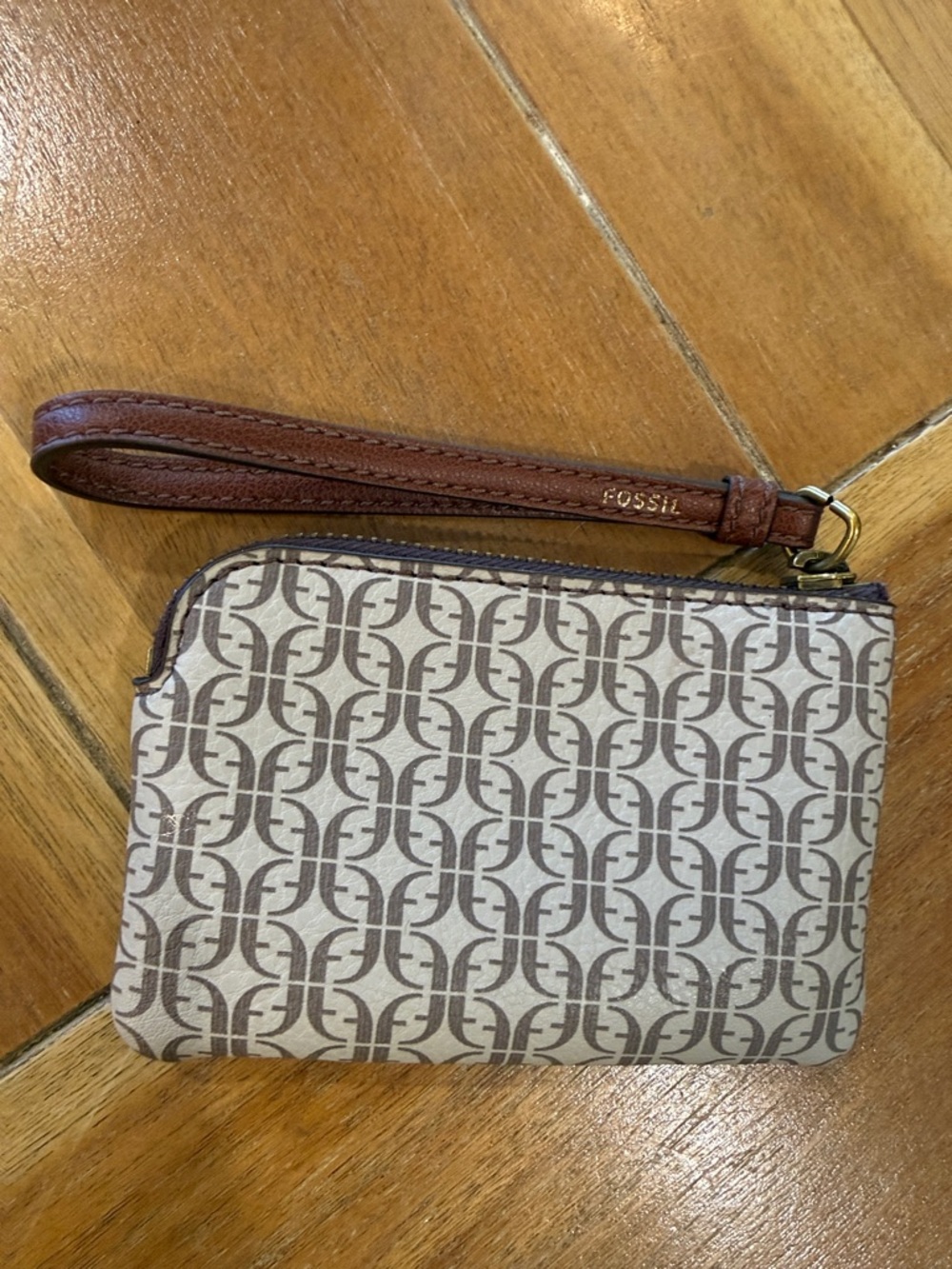 Fossil Brown Logo Canvas Wristlet with Leather Strap